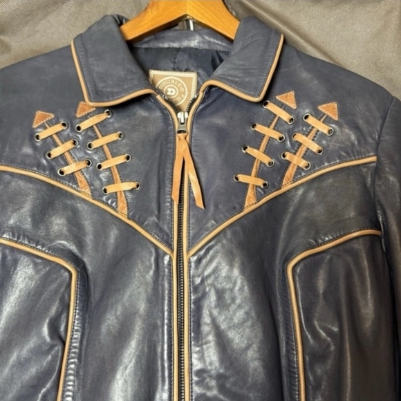 Like New ! Double D Ranch NAVY Blue Leather Jacket - Picture 6 of 9